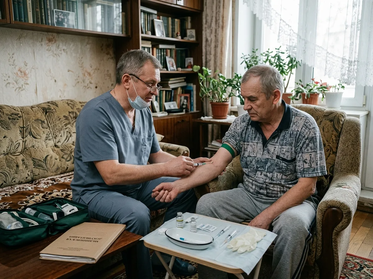 Врач-нарколог проводит процедуру медикаментозного кодирования пациента от алкоголизма на дому
