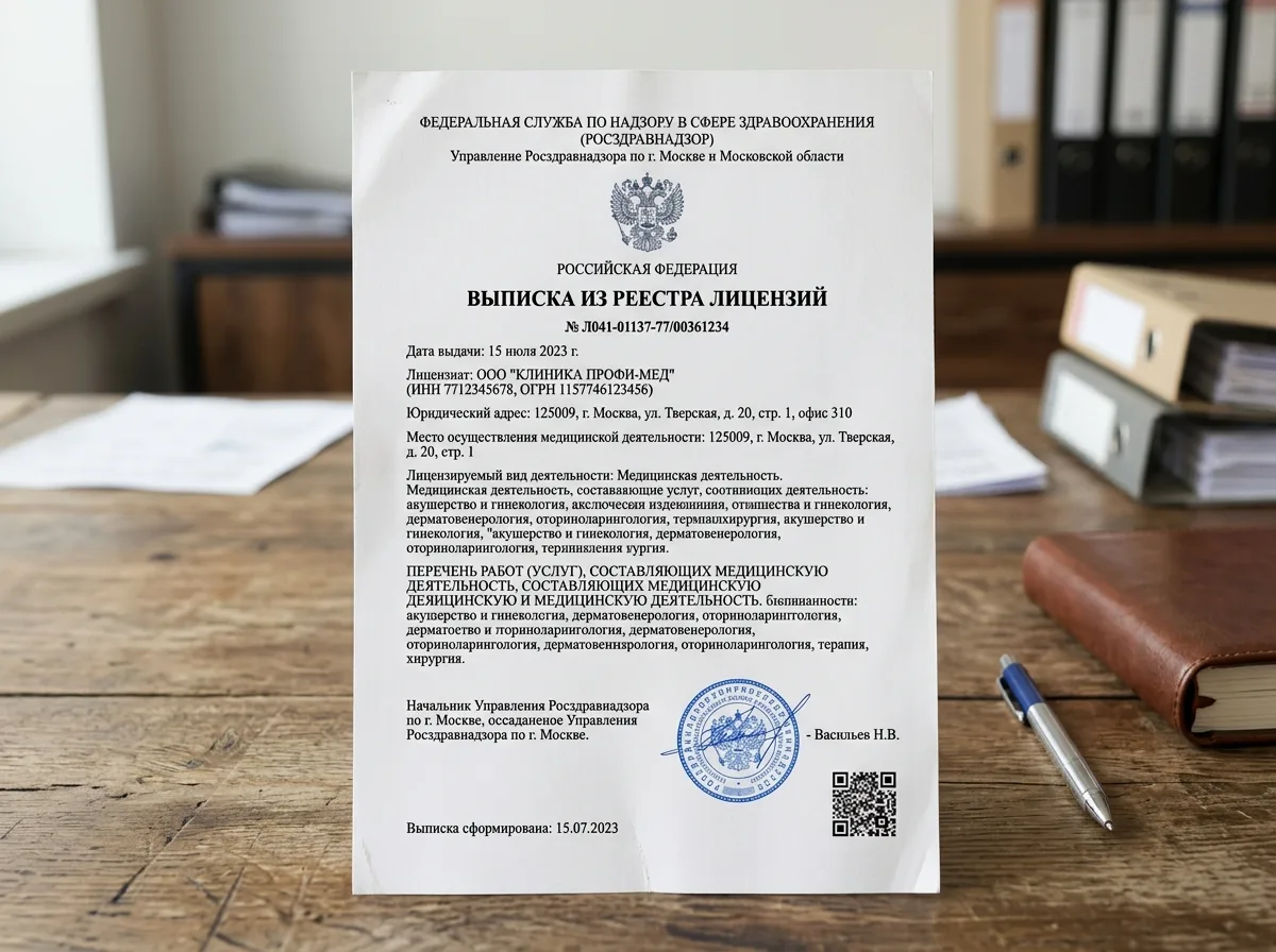 Выписка из реестра лицензий Росздравнадзора, официальный документ подтверждающий лицензию клиники